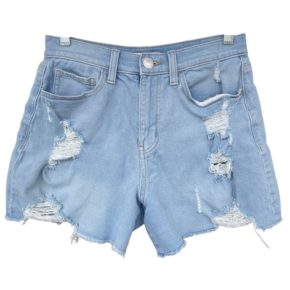 SO Super High Rise Boyfriend Distressed Light Wash Denim Shorts
